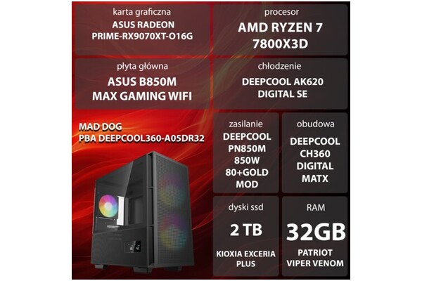 Mad Dog MADDOGPOWEREDBYDEEPCOOL360-A05DR32 AMD Ryzen 7 32GB DDR5 AMD Radeon RX 9070 XT 16GB 2TB SSD brak
