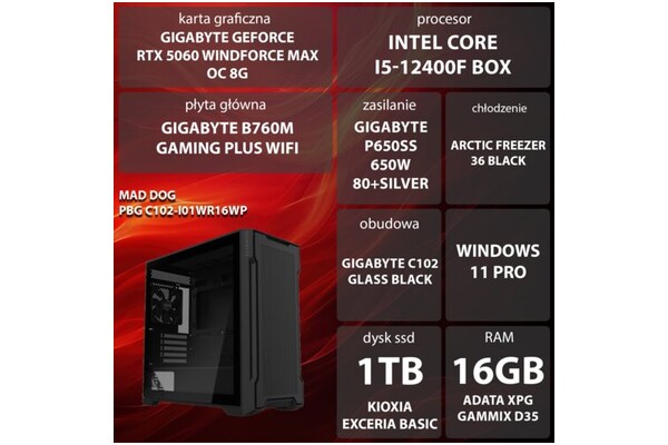 Mad Dog C102-I01WR16WP Intel Core i5 16GB DDR4 Nvidia GeForce RTX 5060 8GB 1TB SSD Windows 11 Professional
