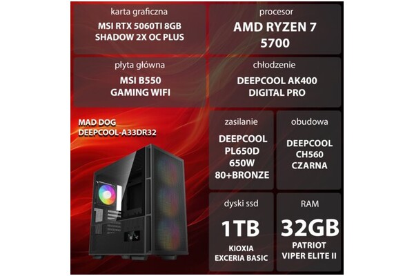 Mad Dog DEEPCOOL-A33DR32 AMD Ryzen 7 32GB DDR4 NVIDIA GeForce RTX 5060 Ti 8GB 1TB SSD brak