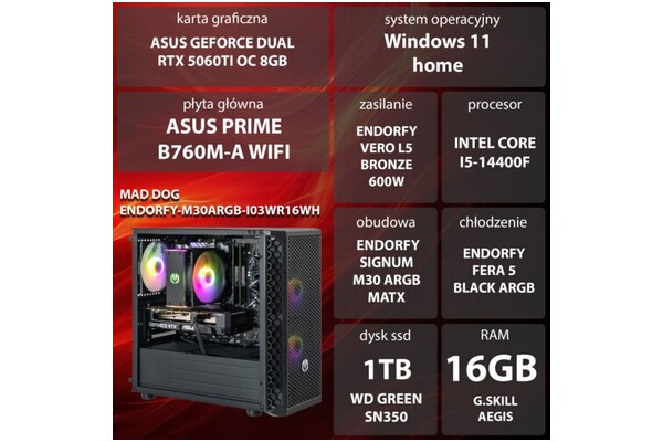 Mad Dog M30ARGB-I03WR16WH Intel Core i5 16GB DDR4 NVIDIA GeForce RTX 5060 Ti 8GB 1TB SSD Windows 11 Home