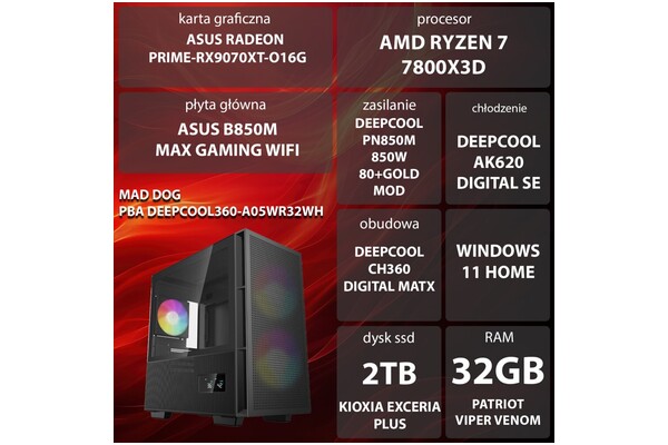 Mad Dog DEEPCOOL360-A05WR32WH AMD Ryzen 7 32GB DDR5 AMD Radeon RX 9070 XT 16GB 2TB SSD Windows 11 Home