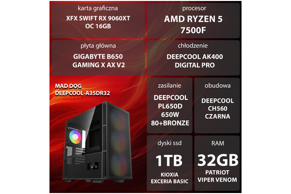 Mad Dog DEEPCOOL-A35DR32 AMD Ryzen 5 32GB DDR5 AMD Radeon RX 9060 XT 16GB 1TB SSD brak