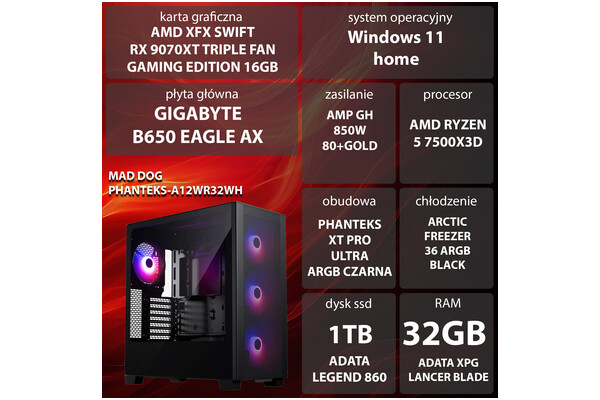 Mad Dog PHANTEKS-A12WR32WH AMD Ryzen 5 32GB DDR5 AMD Radeon RX 9070 XT 16GB 1TB SSD Windows 11 Home