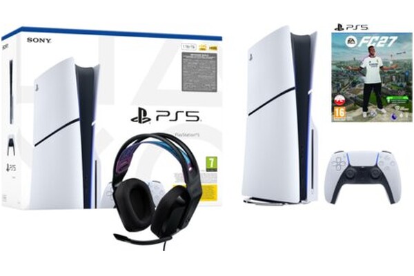 Konsola Sony PlayStation 5 Slim 1TB biało-czarny + Astros Playroom, EA Sports FC 27 Gra PS5 + Słuchawki Logitech
