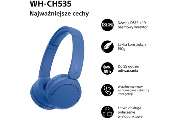 Słuchawki Sony WHCH535 Nauszne Bezprzewodowe niebieski